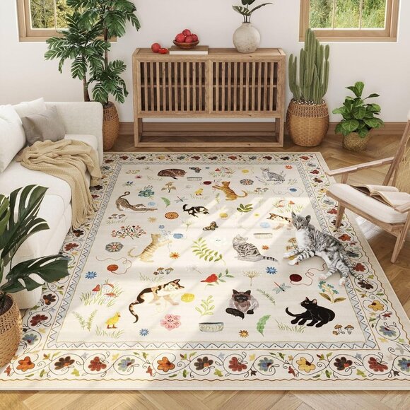 New 5x7 Living Room Rug – Washable Boho Floral Cat Area Rug, Non-Slip - Picture 1 of 8